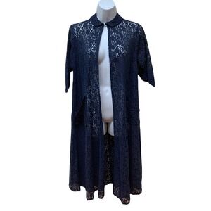 Vintage Blue Semi Sheer Lace Dressing Gown Robe with Pockets Peter Pan Collar